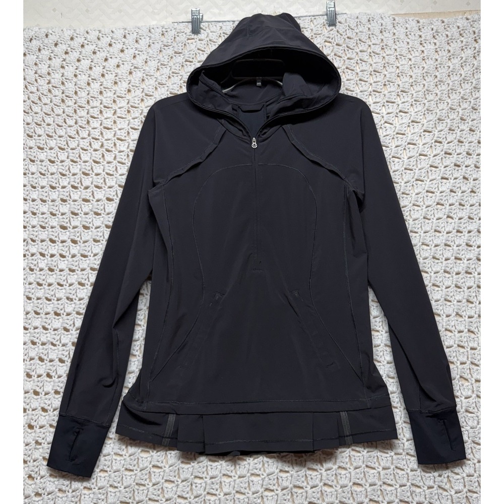 Lululemon Black Hooded Pullover Jacket Womens Size 4 Thumbholes Ruffle Hem
